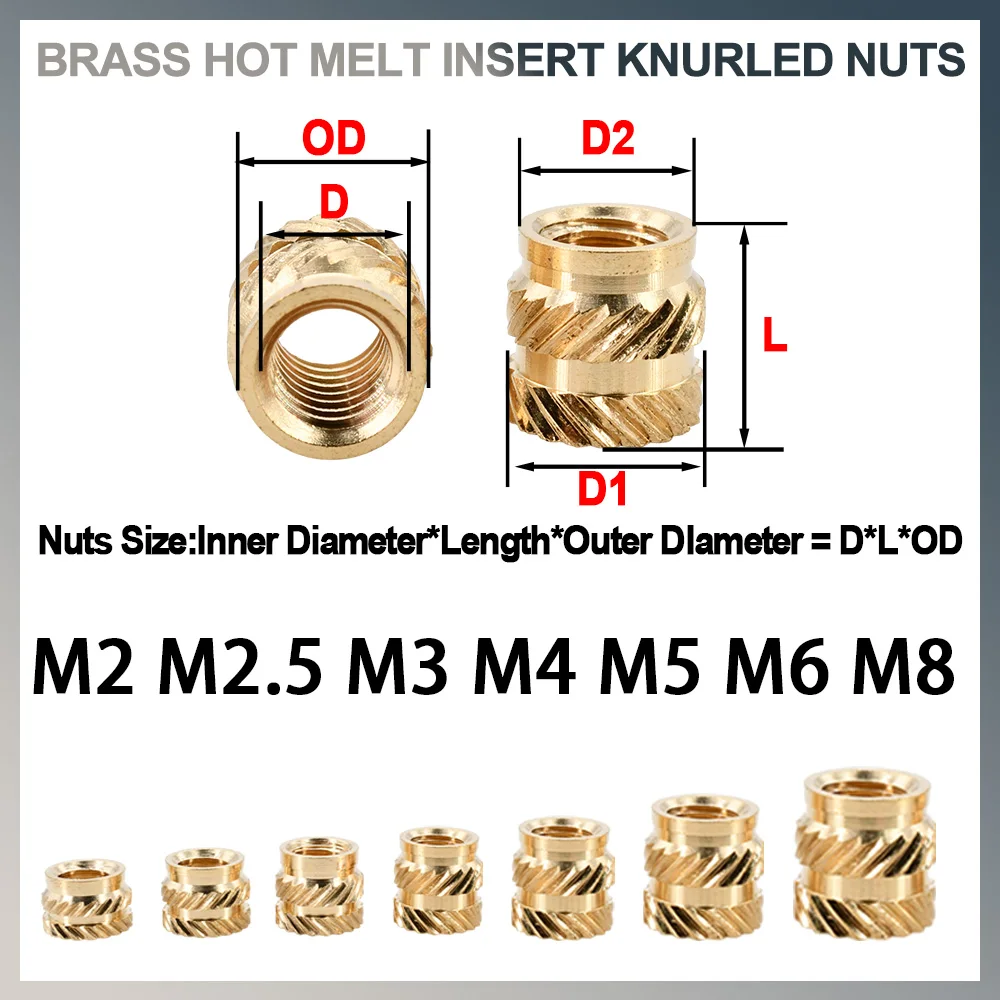 100-300Pcs M2 M2.5 M3 M4 M5 M6 M8 Heat Set Threaded Insert Brass Nut Hot Melt Knurled Inserts Double Twill Embedment Copper Nuts
