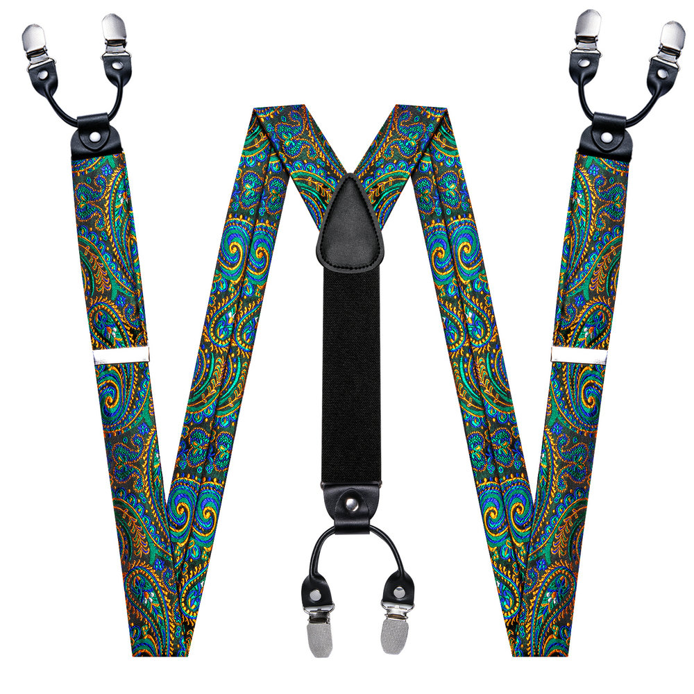 Mode Paisley grüne Seide Männer Hosenträger Fliege Taschentuch Manschetten knöpfe Set Y-Form 6 Clips Party Hochzeit Business Barry. wang