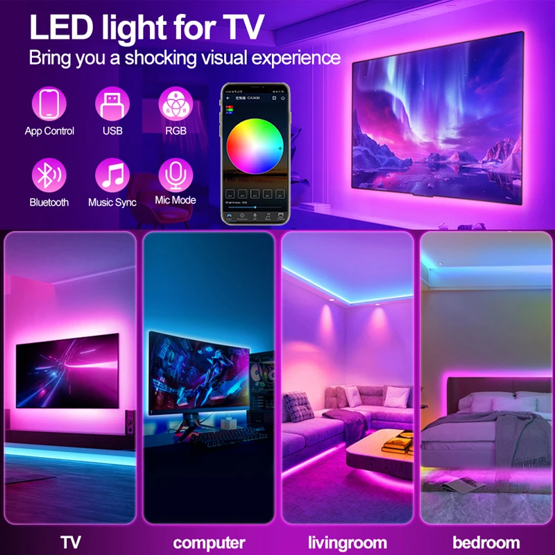 1-20M USB LED Strip Lights WIFI APP Control Color Changing 5050 RGB Led Light Flexible Lamp Tape for TV Backlight Room Decor