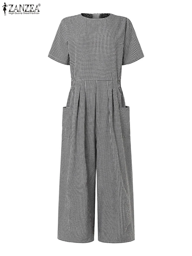 ZANZEA Kurzarm-Overall mit weitem Bein, plissierte Taille, O-Ausschnitt, lockere lässige Gingham-Overalls, 2023, modischer Damen-Langspielanzug