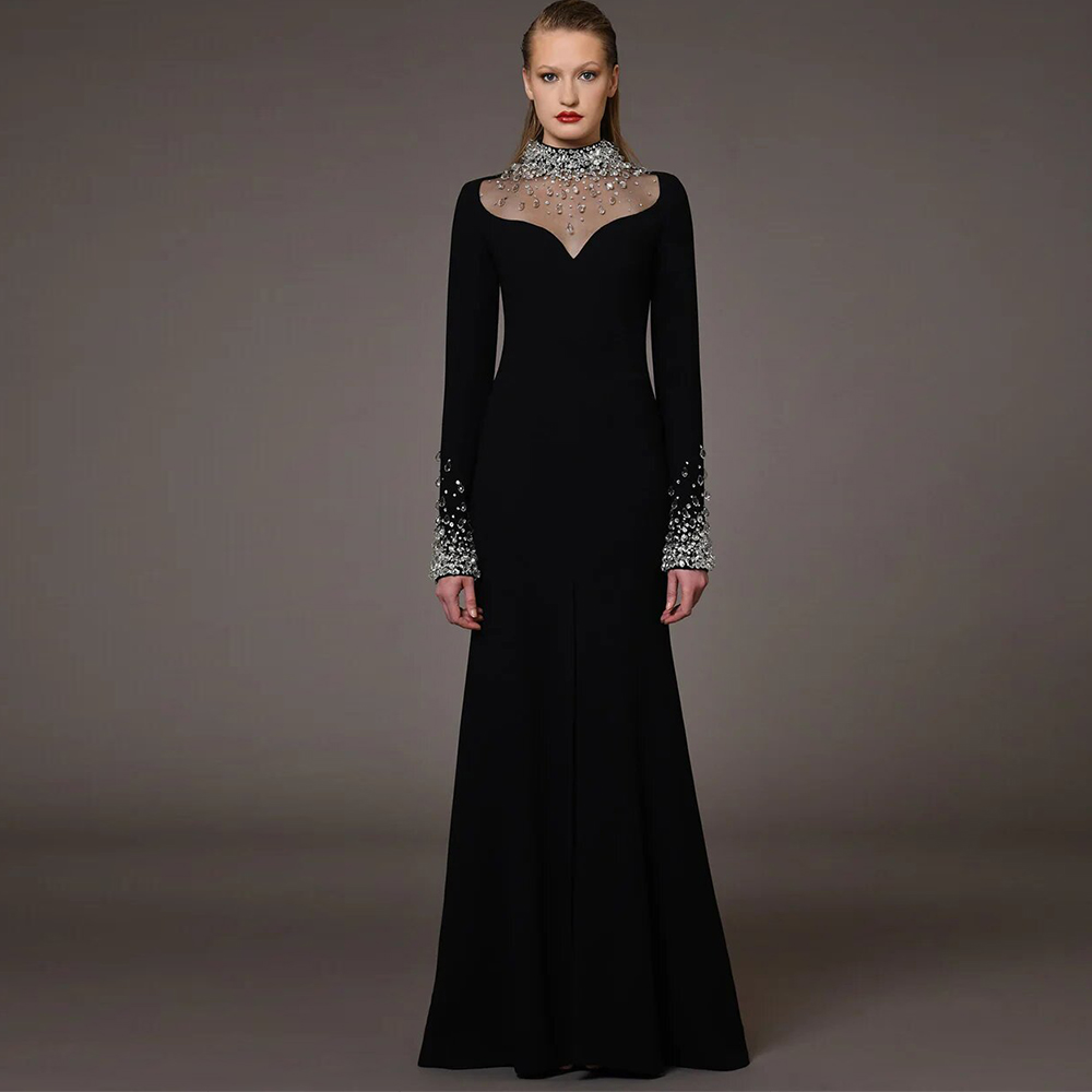 Vestido de noite feminino com strass, Vestidos de noite linha A, Colarinho alto, Vestidos longos, Preto, Luxo, Jersey, 2024