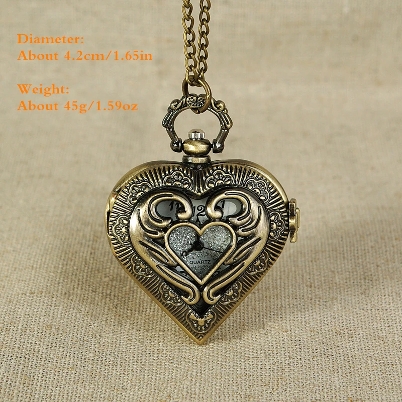 Vintage Bronze Heart Shape Design จี้ควอตซ์นาฬิกาพ็อกเก็ตสร้อยคอผู้ชายของขวัญนาฬิกาอุปกรณ์เสริม