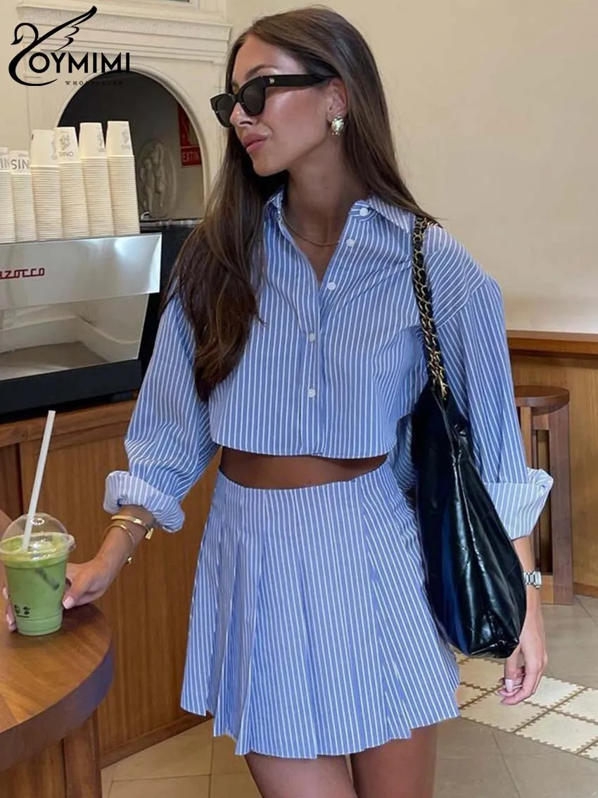 Oymimi-Conjunto elegante con estampado de rayas azules para mujer, Tops cortos con botones de manga larga a la moda y faldas plisadas de cintura alta, 2 piezas