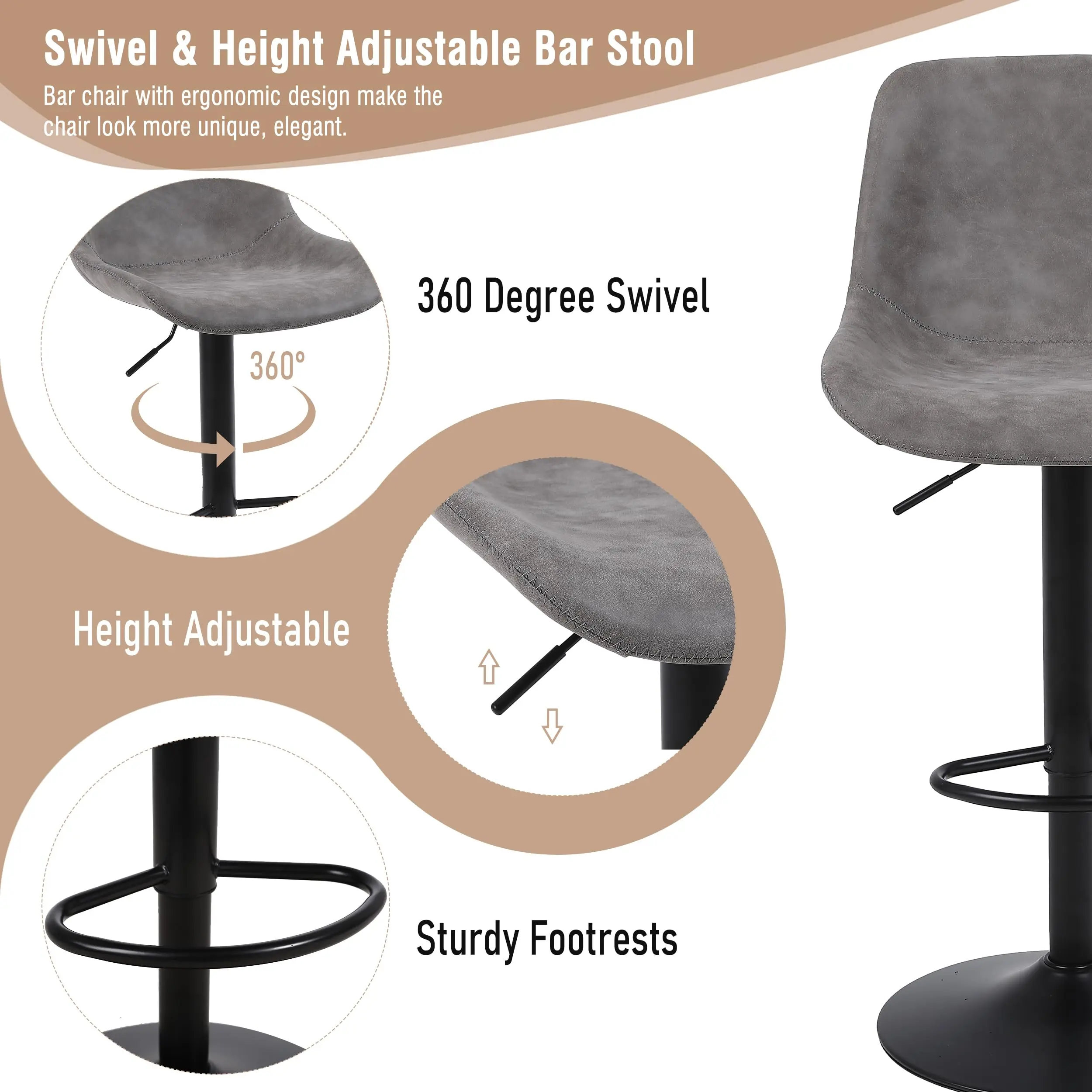 Conjunto de 3 bancos de bar, bancos de bar giratórios com altura de balcão e encosto, cadeiras de bar modernas ajustáveis, couro PU alto sem braços