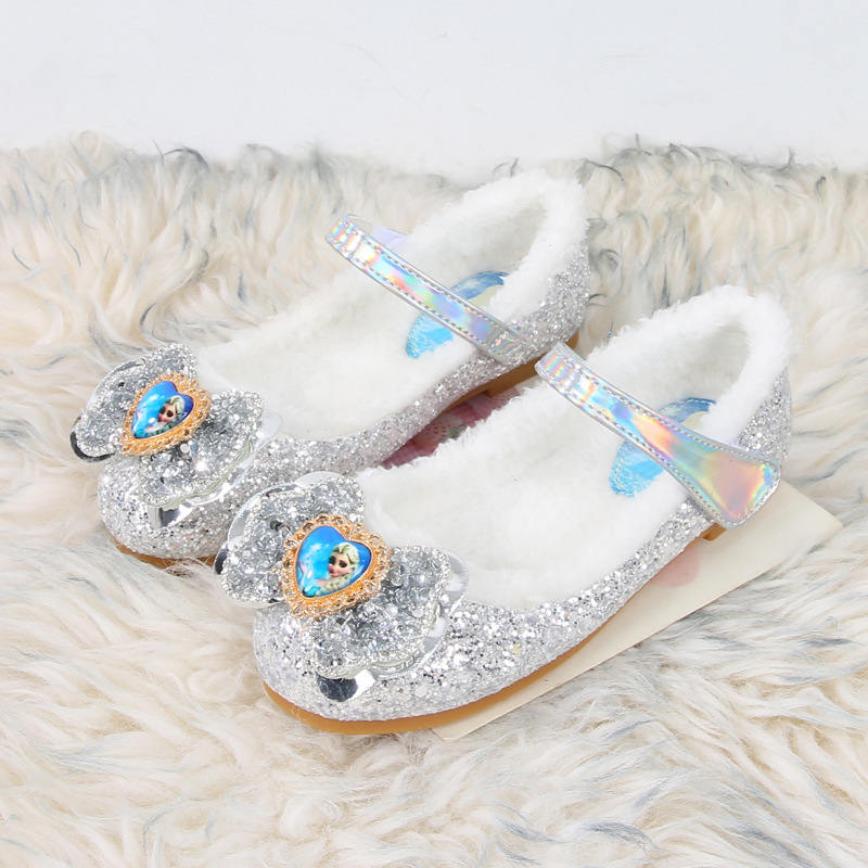 ディズニープリンセス女の子靴アナと雪の女王エルサ靴パフォーマンスパーティー暖かい冬フラット弓スパンコールピンクブルーホワイト靴サイズ 23-36