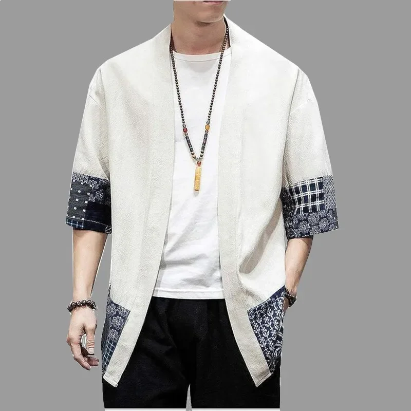 Brand Men's Japanese Kimono Cardigan Loose cotton linen 3/4 sleeve cardigan casual summer shirt jacket