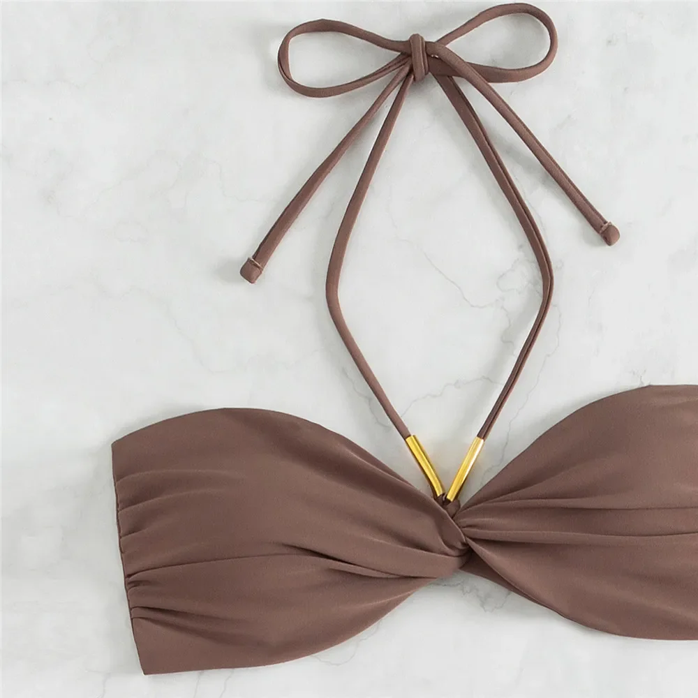 Maillot de bain marron String licou Bandeau Bikinis ensembles Micro String Sexy maillot de bain femmes dos noué maillot de bain Bikini Mujer 2025