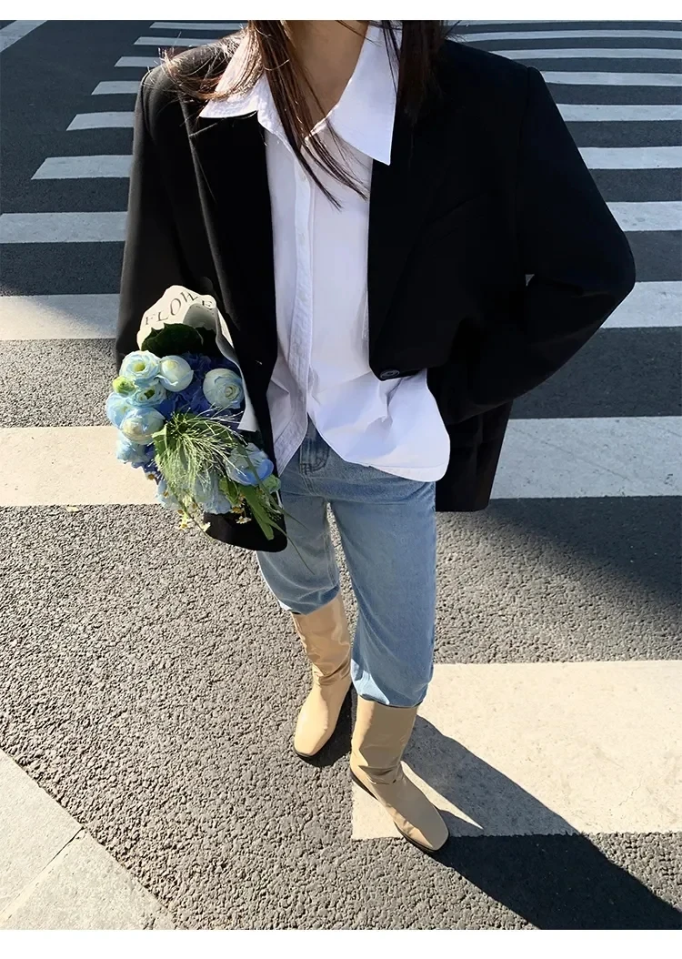 Frauen Schwarz Anzug Jacke Langarm Blazer Koreanische Mode Zurück Split Büro Blazer Damen Lose Mantel