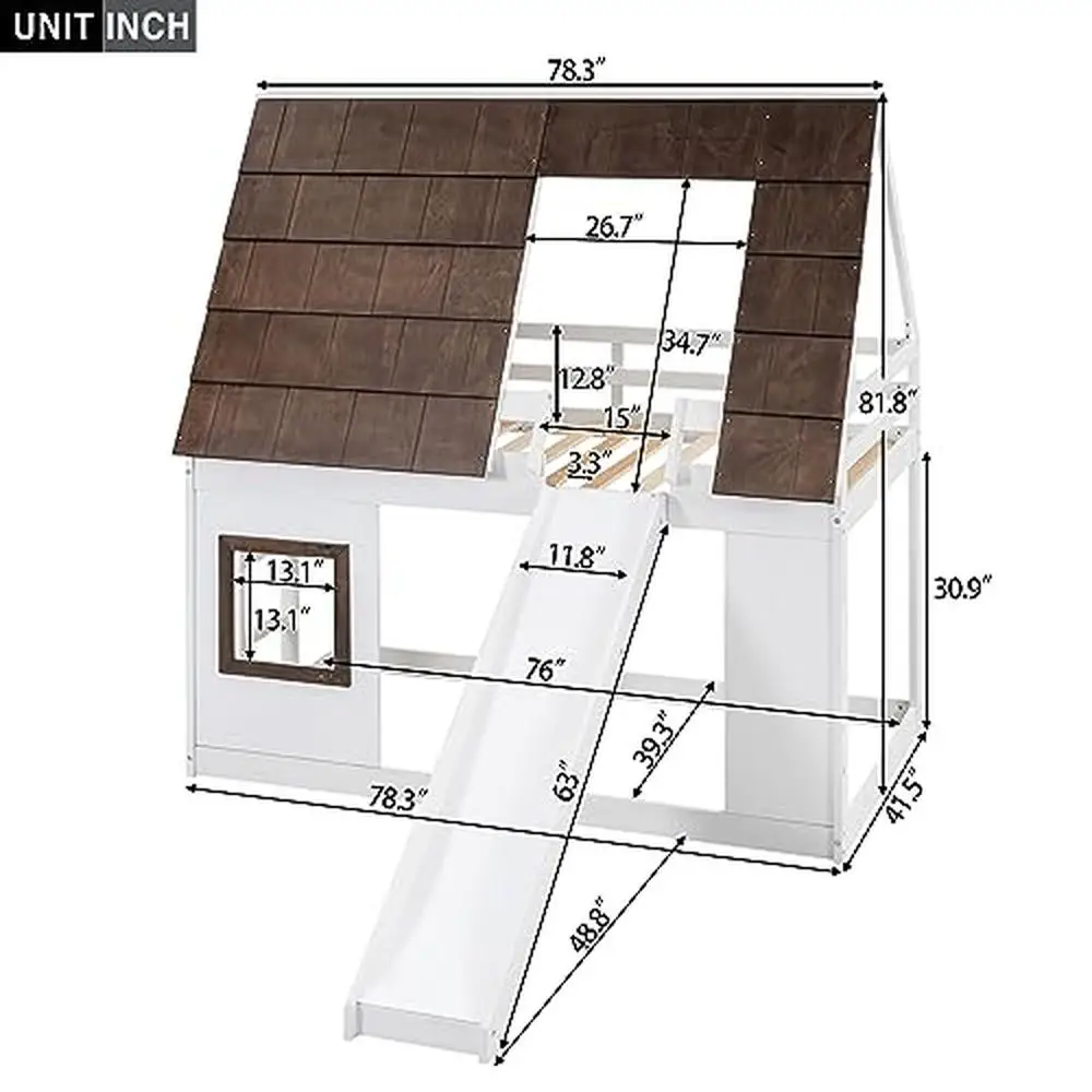 Wooden Twin Bunk Beds with Slide and Playhouse Design White Pine Wood Low Bunk Bed