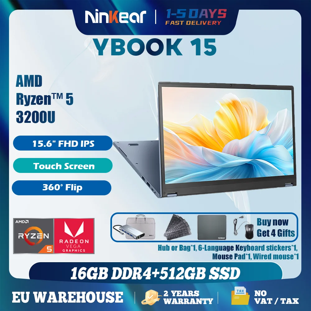 Ninkear 2 w 1 Laptop YBOOK 15 Najlepszy prezent na Boże Narodzenie AMD ™   Ryzen 3 3200U 16 GB DDR4 + 512 GB SSD 15,6 cala obracany o 360 stopni
