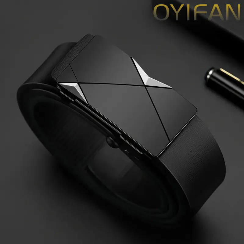 OYIFAN-Cinturón de cuero genuino para hombre, cinturón de trinquete con hebilla automática, ajuste aleatorio