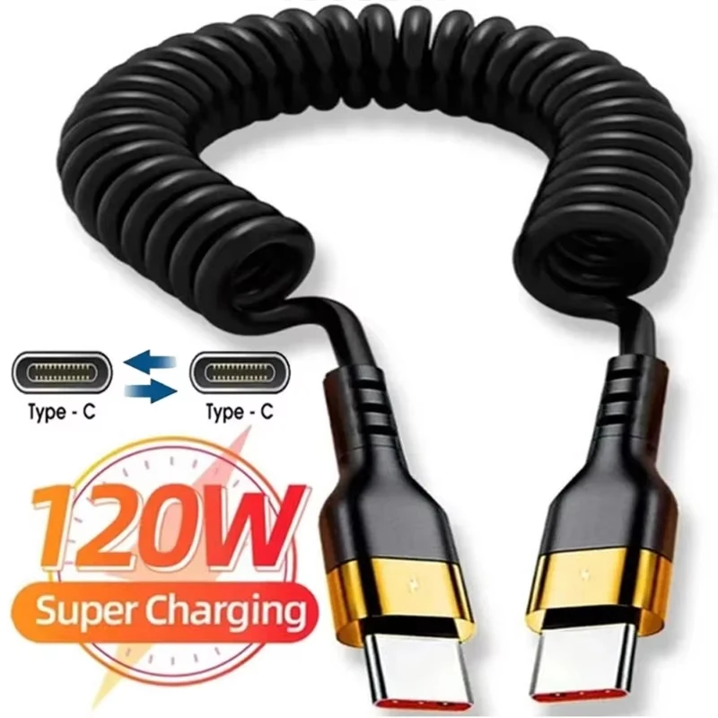 PD 120W tipo C a tipo C Cable 5A carga rápida USB C Cable cargador de coche de resorte para iPhone 15 Series Xiaomi 12 Samsung S23 Macbook