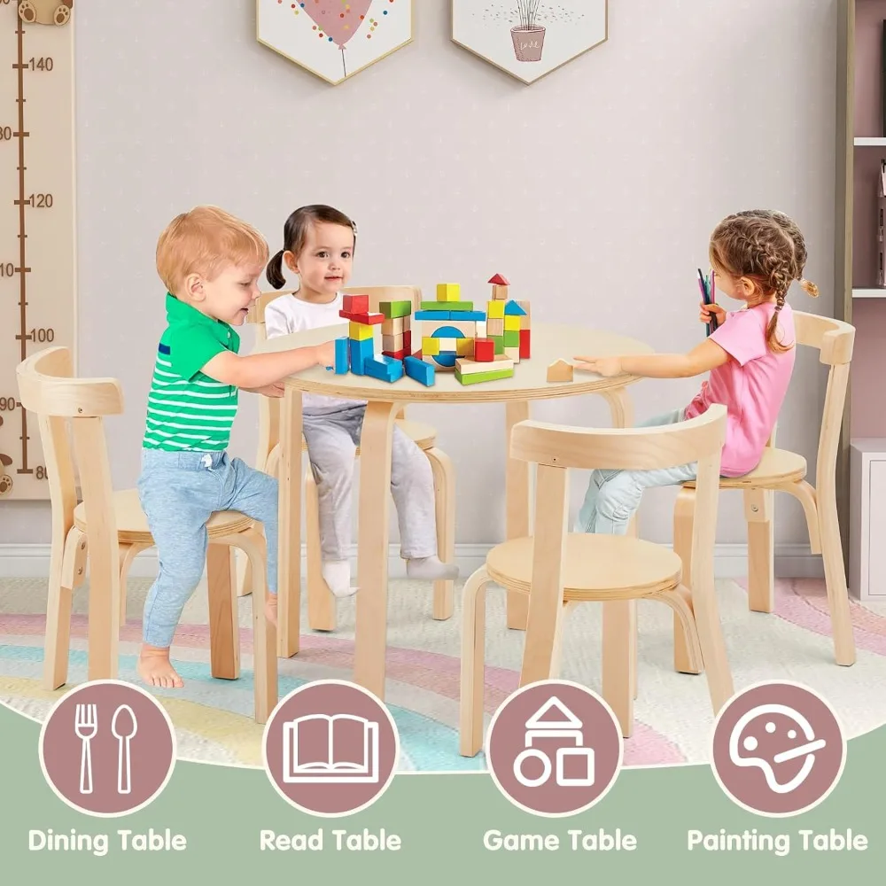 Kids Table and 4 Chairs Set - Round Table and Chair Set for Children, EN71 Certified, Birch Veneer - Wooden Dining Play Set for