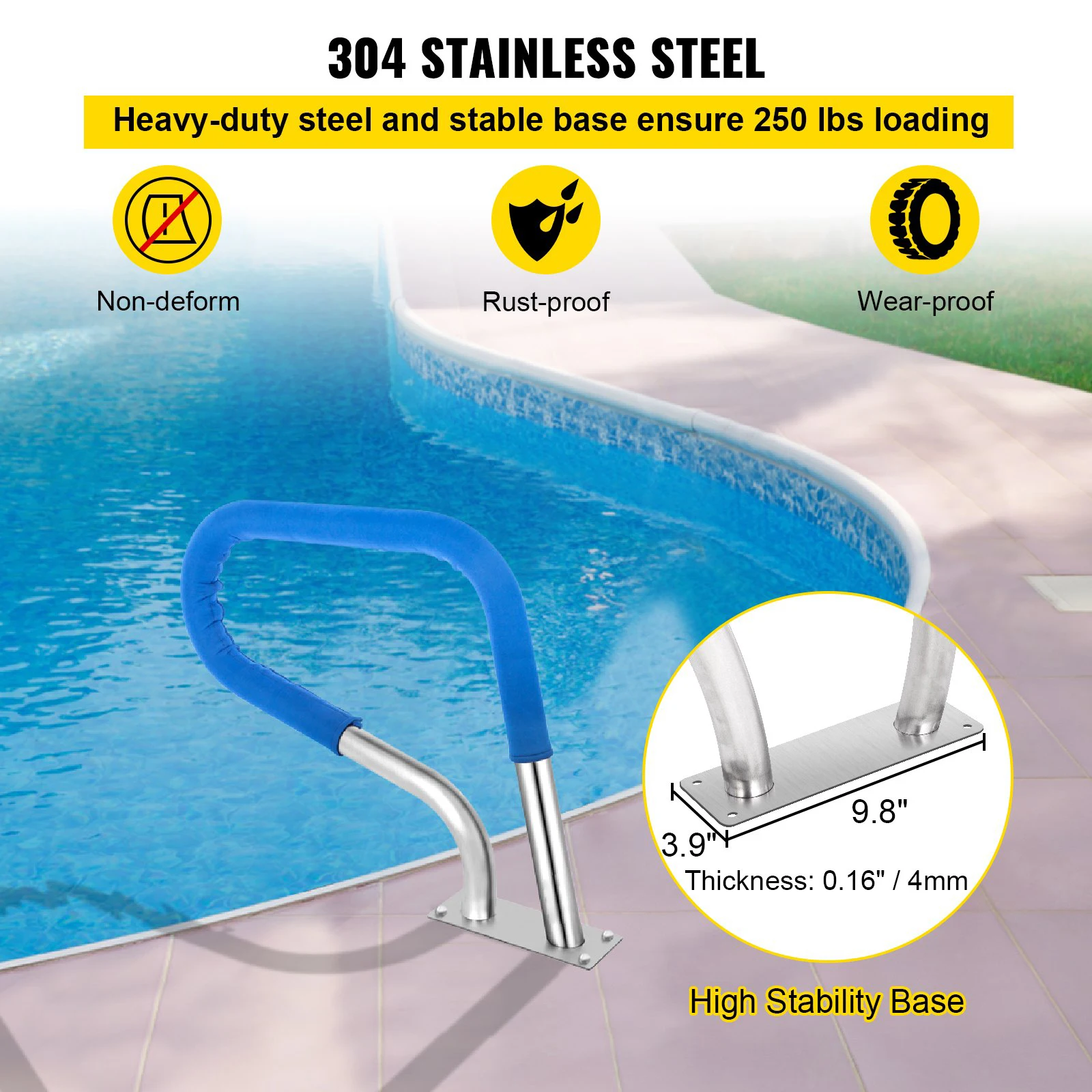 Pool Rail 32x23 Pool Railing 304 Stainless Steel 250LBS Load Capacity Silver Rustproof Pool Handrail Swimming Pool Handrail