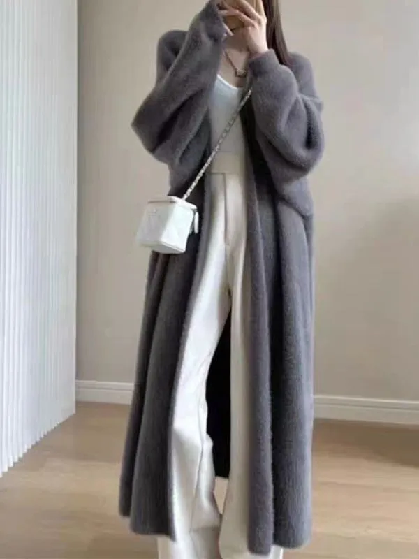 Offener Strickmantel im lockeren und faulen Herbst- und Winterstil, dicker, knielanger, langärmliger Pullover aus Nerzimitat, warme Jacke