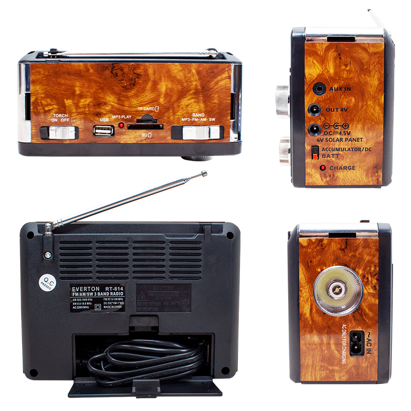 EVERTON RT-814 RADIO Portabel USB/FM Dapat Diisi Ulang Daya Bebas Sinar Matahari FENERLİ