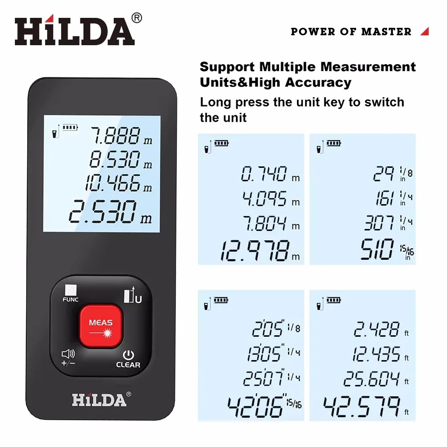 HILDA 50 M/100 M/120 M เลเซอร์ Rangefinder ระยะทางเลเซอร์เทป Range Finder อาคาร Professional เมตรไม้บรรทัดเลเซอร์เครื่องมือทดสอบ