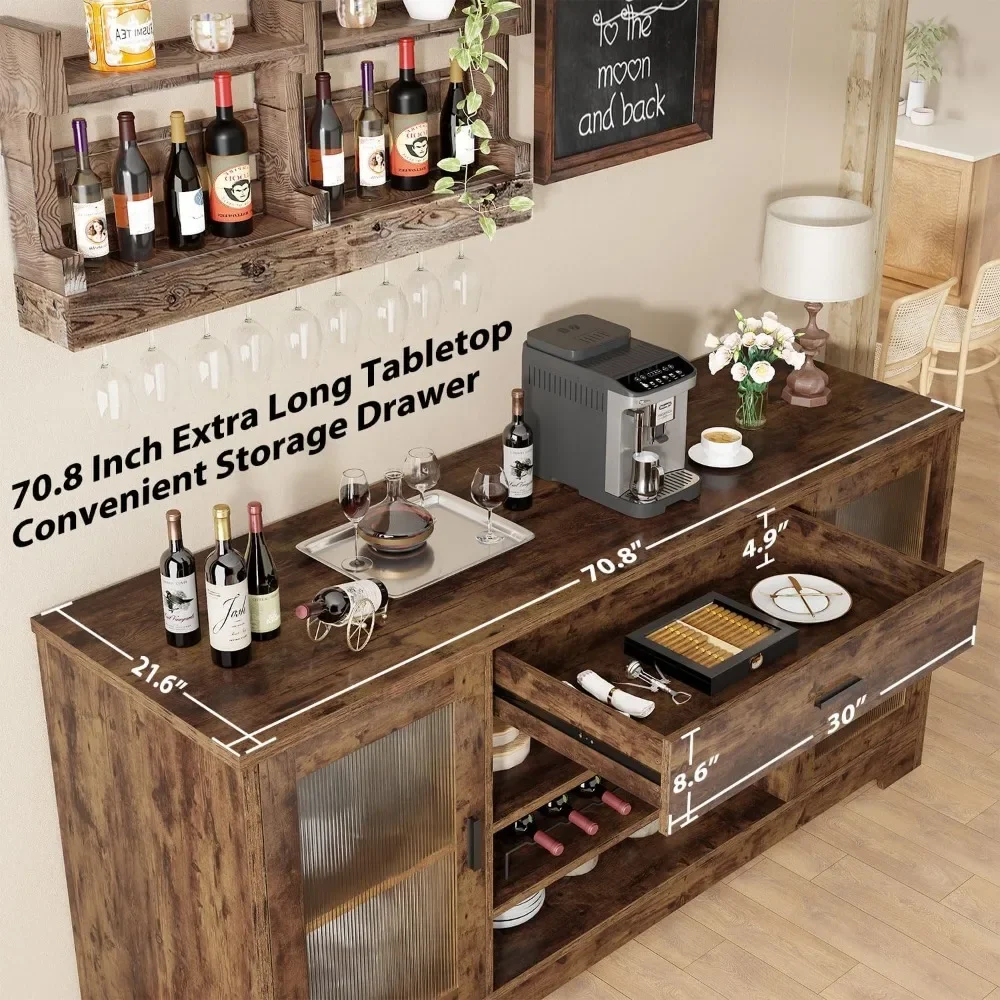 Bar Cabinet with Mini Fridge Space, 70.9” Large Wood Wine Cabinet with Cooler Space, Farmhouse Long Liquor Cabinet with Drawer