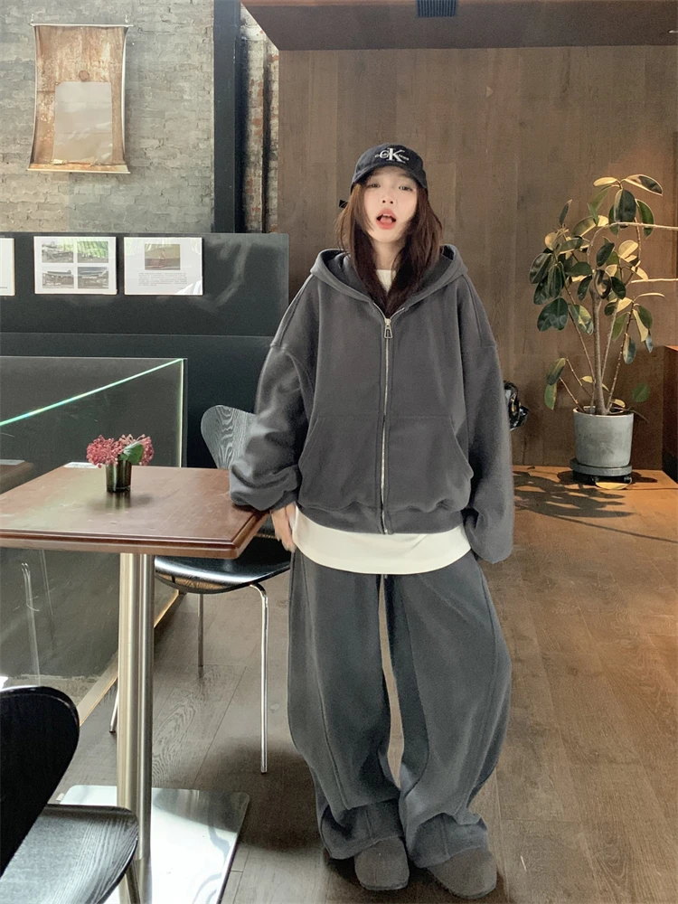 Plus Size plus Size Autumn Winter New Vintage Thickened Hoodie Women's Jacket Loose Wide Leg Pants White T-Shirt Set Trendy