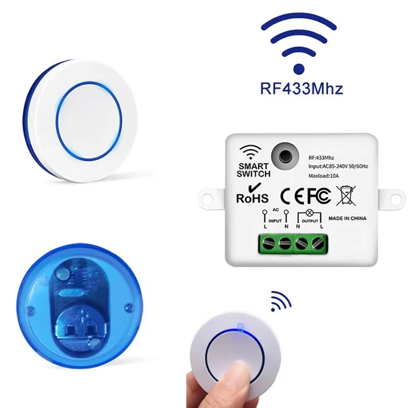 Interruptor de luz sem fio 433MHz 10A Relé Disjuntor Controle Remoto 220V 110V Mini Botão Redondo Interruptor de Parede para Casa Lâmpada LED