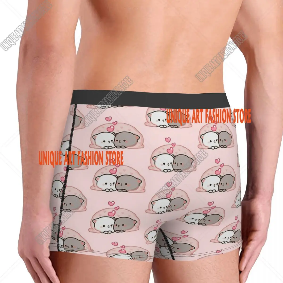 Celana dalam pendek Mochi, celana dalam Boxer, celana dalam motif kucing persik lucu untuk pria