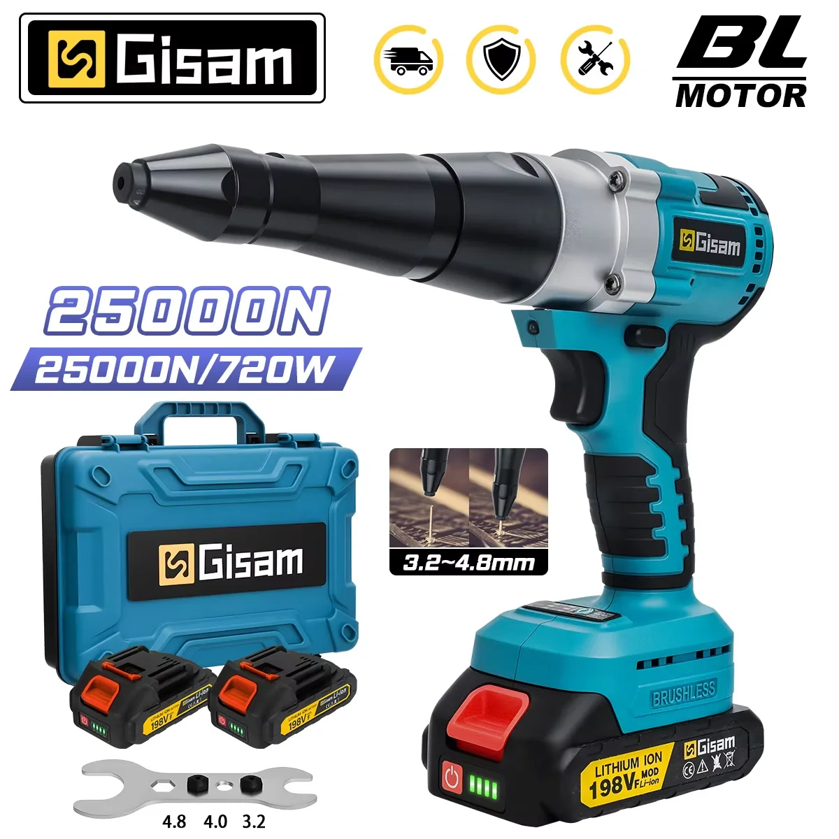 Gisam 25000N Brushless Electric Rivet Gun Cordless Rivet Nut Gun Drill Insert Automatic Riveting Tool For Makita 18V Battery Pin
