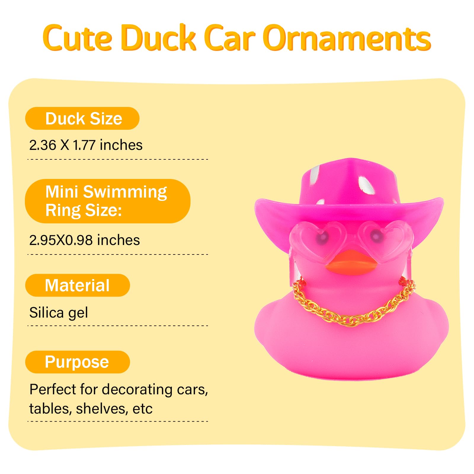 Car Cowboy Rubber Ducks, Dashboard Decorations Pink Duck for Car Ornament Accessories with Hat Heart Glasses Chain, Pink