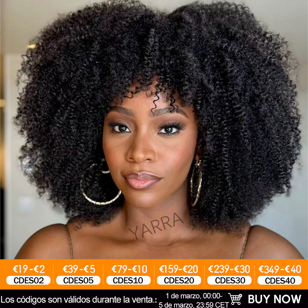 Pelucas de cabello humano rizado Afro de densidad 180 250 con flequillo para mujeres negras cabello humano brasileño 100% Remy cabello completo hecho a máquina pelucas de cabello 100 humano pelucas de mujer