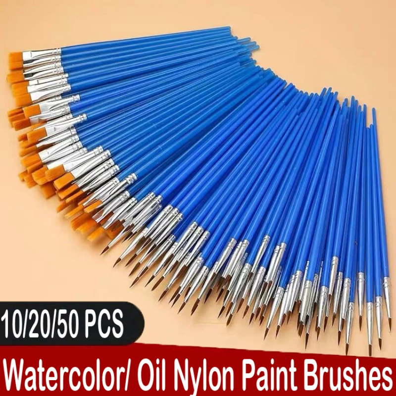 10/20/50 PCS Painting Brushes Set Art Round Flat Hair Nylon Hair Paint Brush for Oil Acrylic Watercolor for Kids Art Supplies
