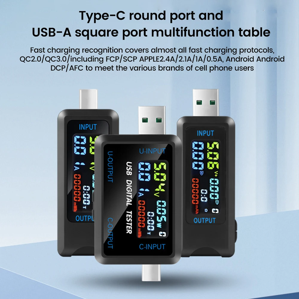 Voltímetro USB tipo C 10 en 1, amperímetro, probador de capacidad DC 4,5 ~ 36V 0-8A, múltiples protocolos de carga rápida, detección automática