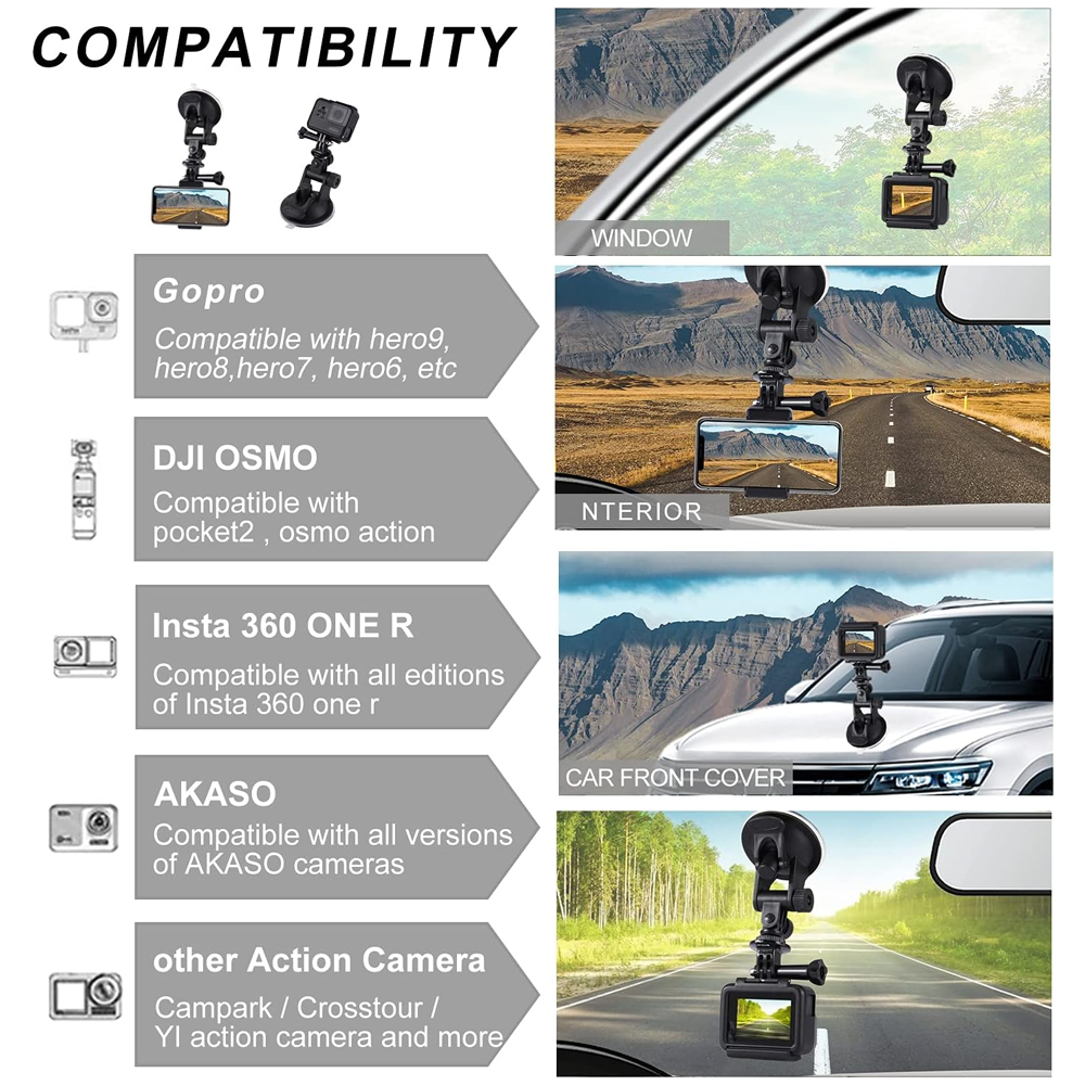 Suction Cup Mount Car Vehicle Window Windshield Holder For GoPro Hero 13 12 11 10 9 8 Insta360 X3 x2 X4 DJI OSMO Action Camera
