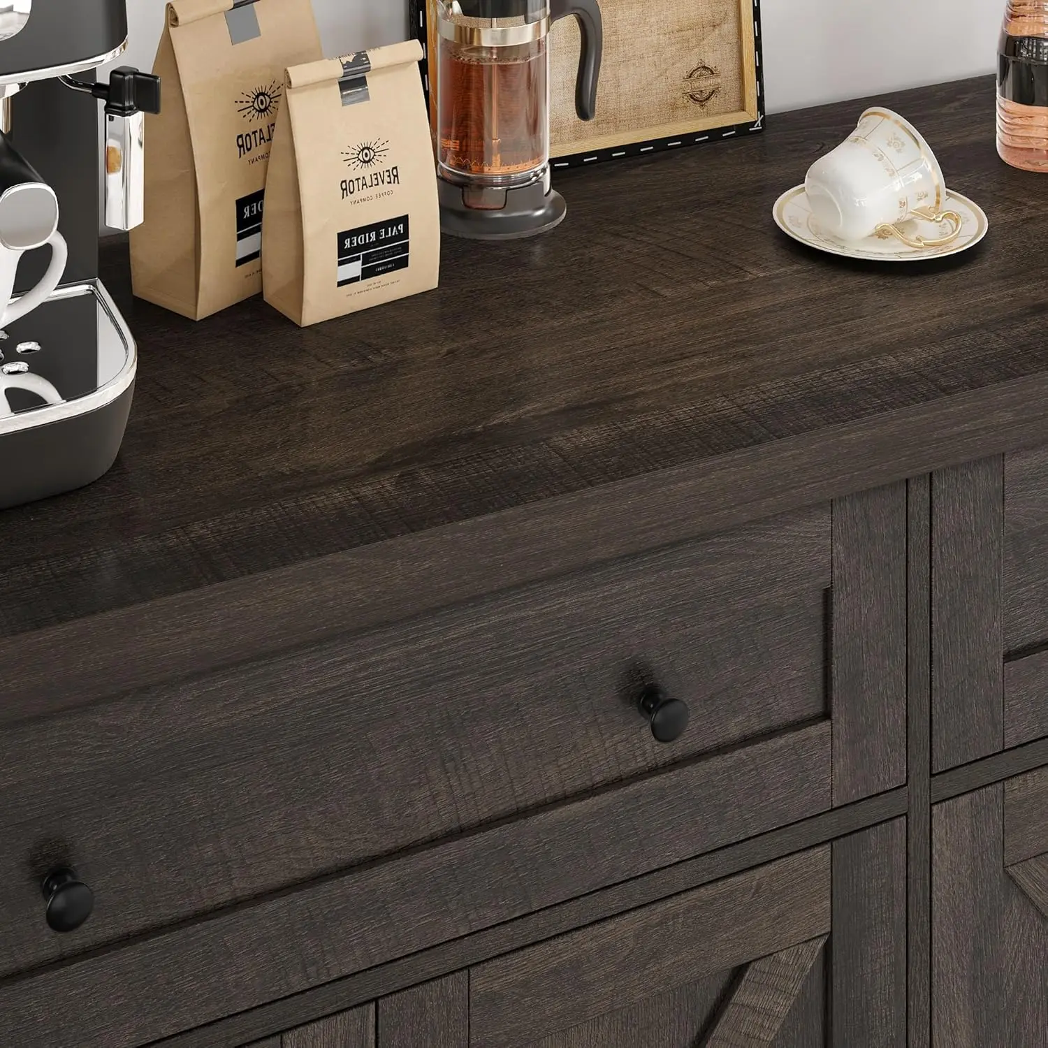 55" moderner Bauernhaus-Kaffeebar-Schrank, Buffet-Sideboard mit Stauraum, mit Schubladen und Regalen