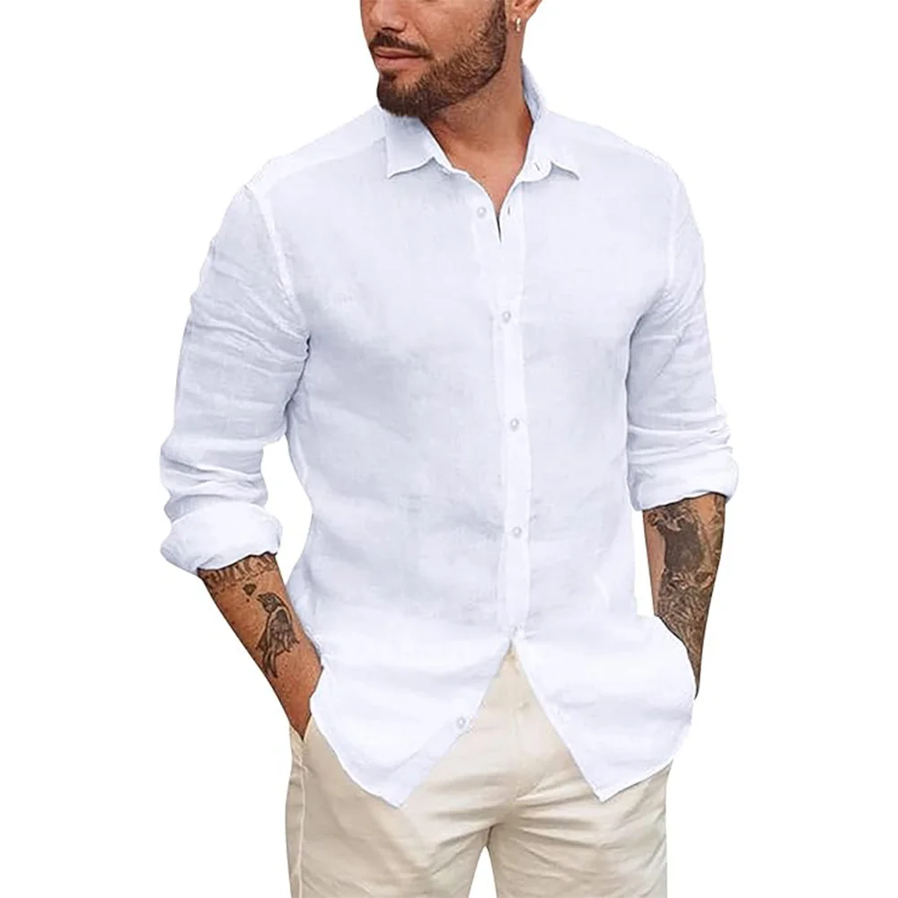 Herren-Hemden mit Knöpfen für Herren, langärmelig, Baumwolle und Leinen, hawaiianisches Strandhemd, lässige Sommer-Leuchttops