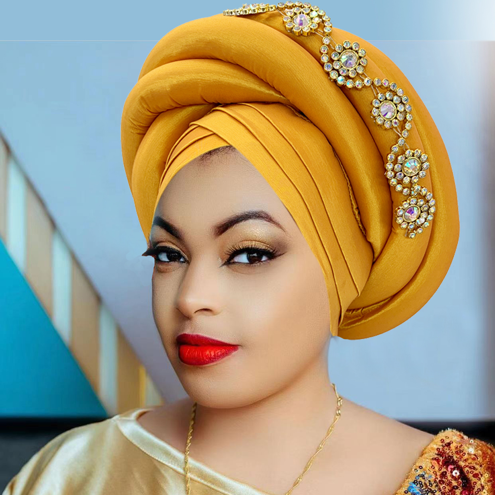 Gorro turbante trenzado para mujer, envolturas para la cabeza para mujer africana, diamantes, Nigeria, seda cruda, Autogele, sombrero musulmán, sombrerería de fiesta