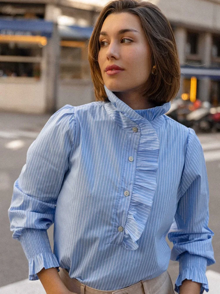 女性用長袖スタンドカラーブラウス,ストライプのフリルトップ,多用途,シック,通勤,春,新しい,ファッション,2022