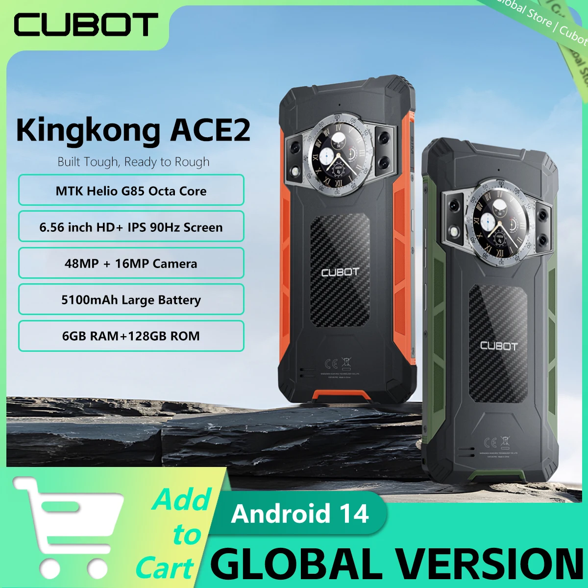 Cubot Kingkong Ace 2, Ultra-Thin and Robust Smartphone with Android 14, 16 Gb Ram (6 Gb + 10 Gb Expandable), 128 Gb Rom, 6.56 Inch and 90 Hz Screen, Nfc, 5100 Mah Battery, 4g Cell Phone