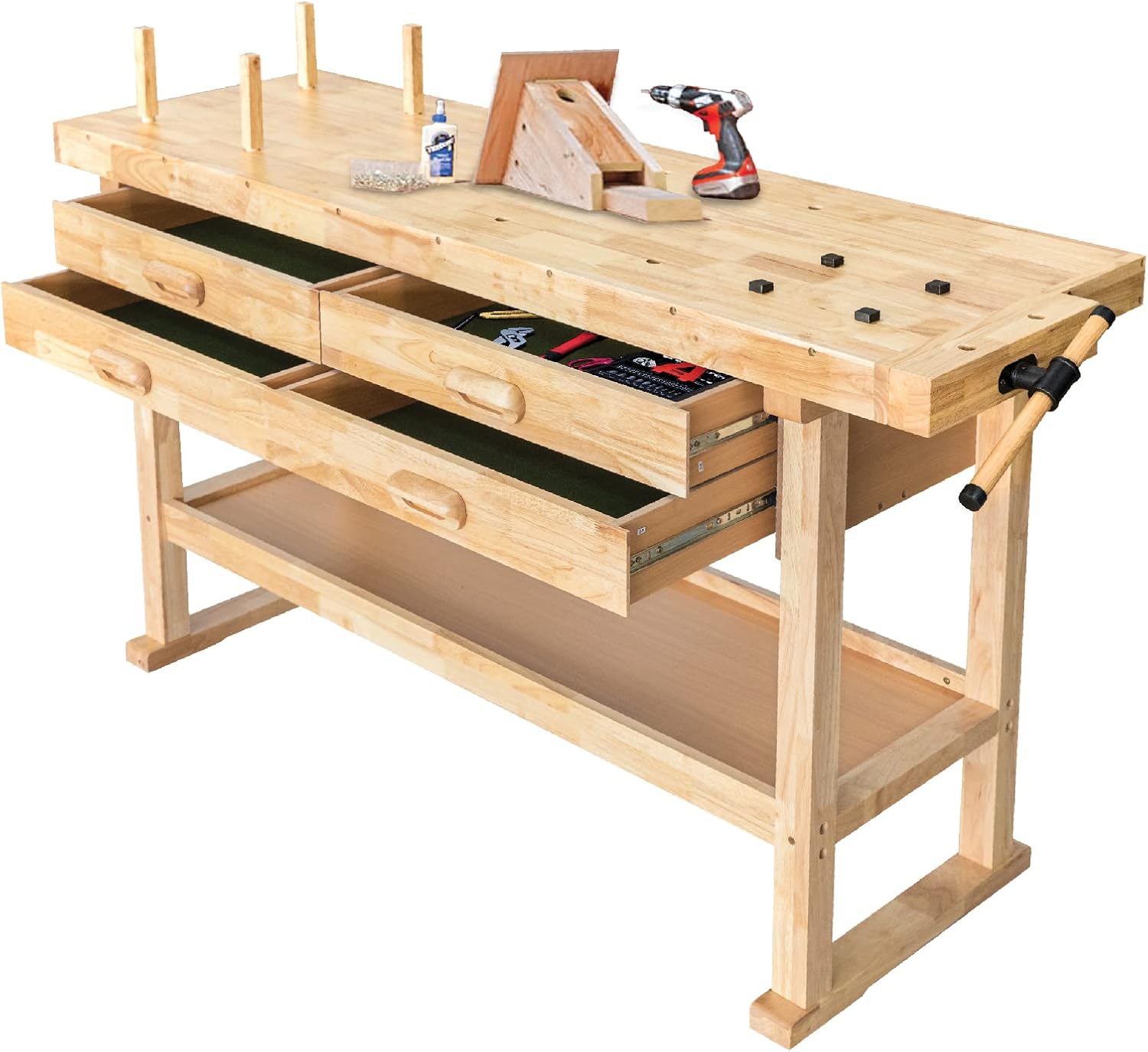60-Inch Wooden Workbench - Rubberwood Workbench with 4-Drawer, 450lbs Weight Capacity - Perfect Workbench for Garage