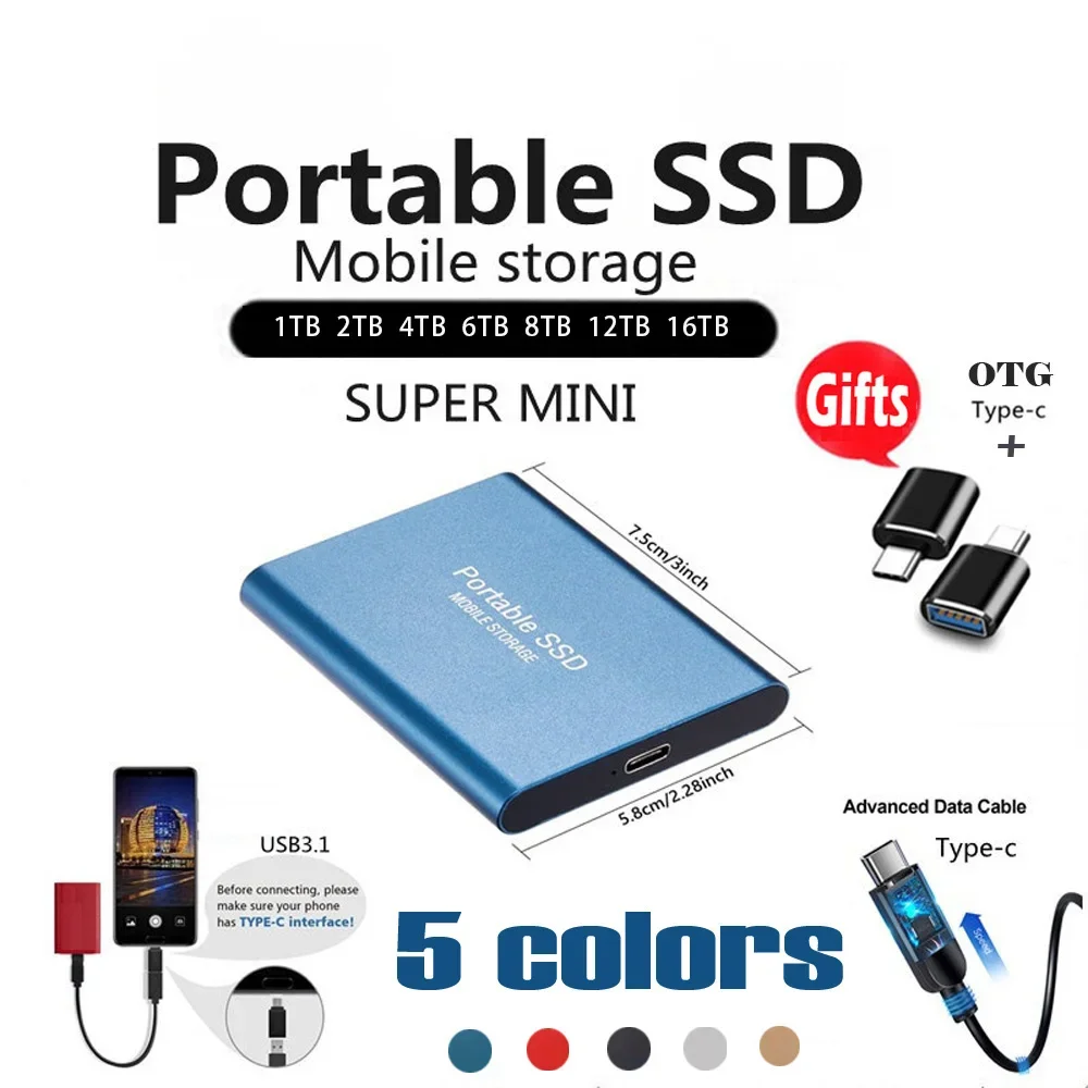 Portable SSD 1TB/2TB External Solid State Drive USB 3.0/Type-C Hard Disk High-Speed Storage Device For Laptops/Desktop/Mac/Phone