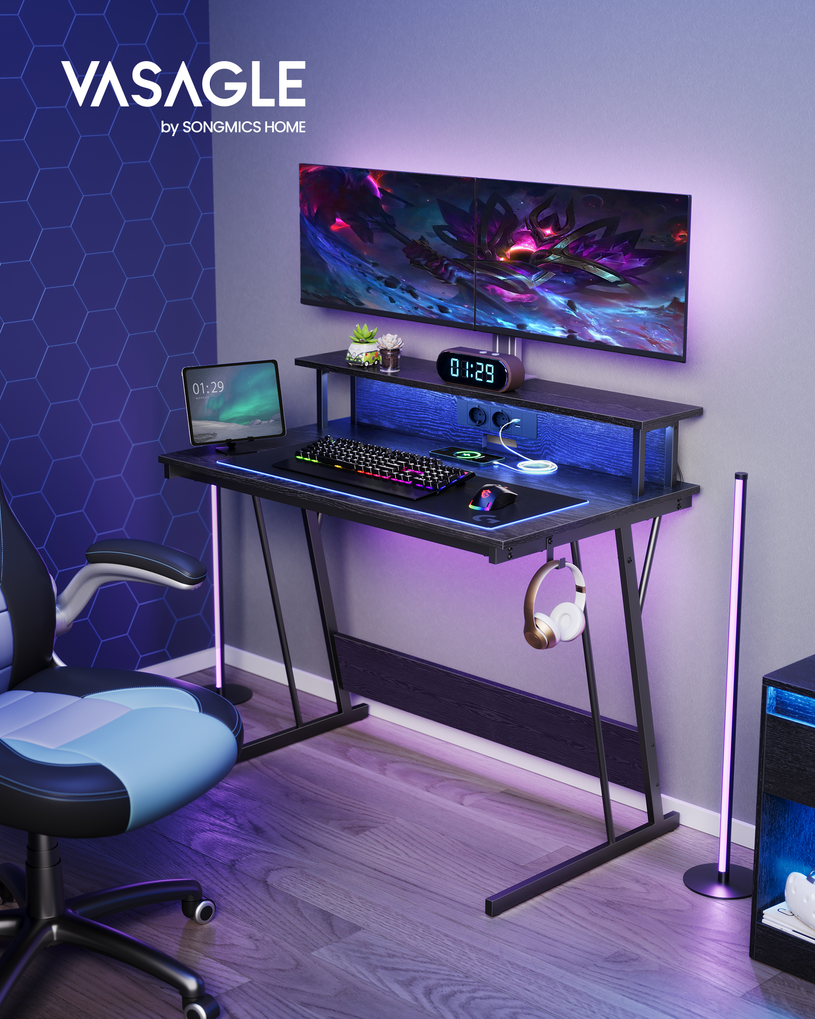 VASAGLE Bureau Gaming avec LED et Multiprise, Table Gamer, Bureau Informatique avec Rehausseur d’Écran, pour 2 Ordinateurs, pour Chambre, 60 x 100 x 76 cm