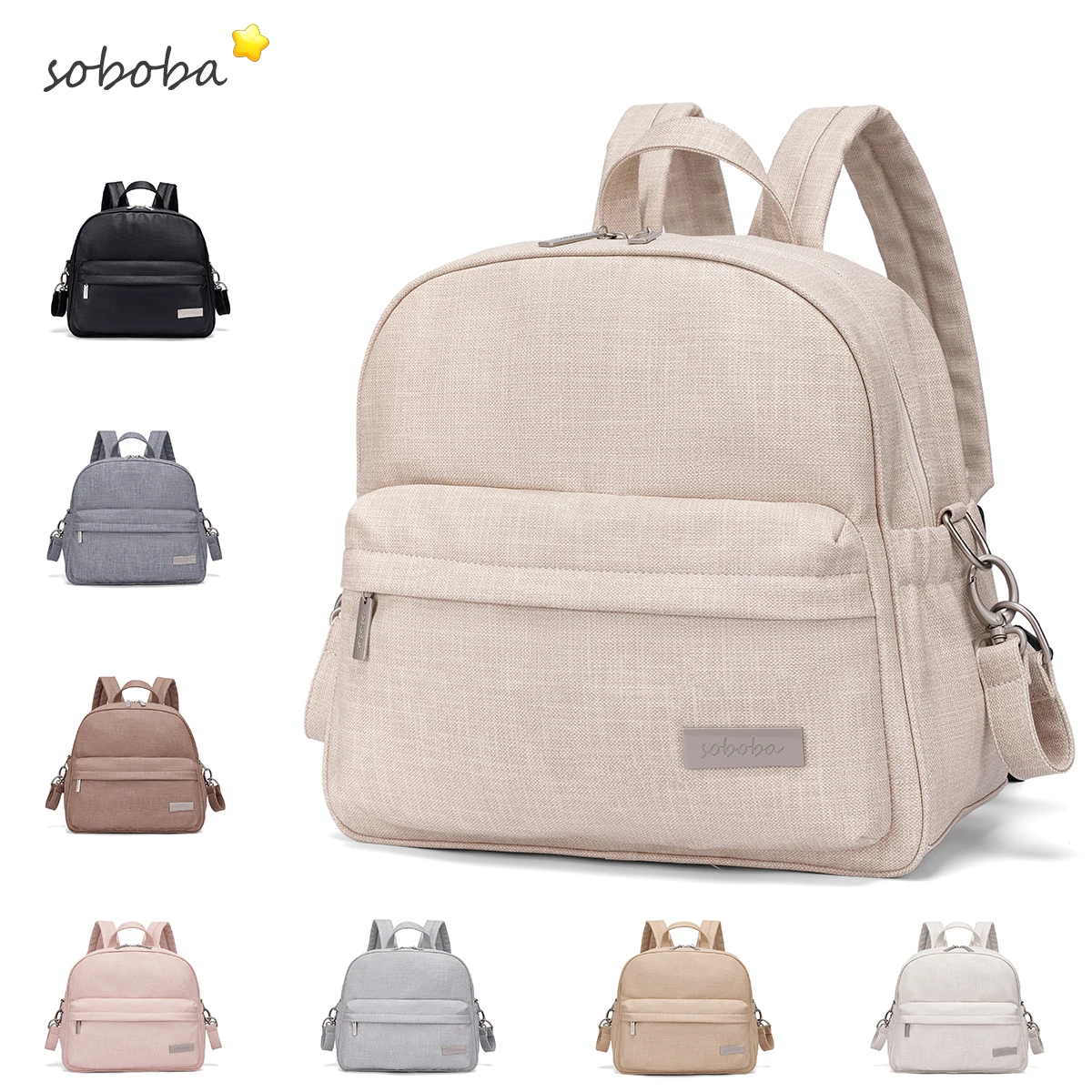 Soboba Mochila elegante para fraldas feminina, sólida, fashion, à prova d'água, grande capacidade, multifuncional, bolsa para troca de fraldas com 2 alças