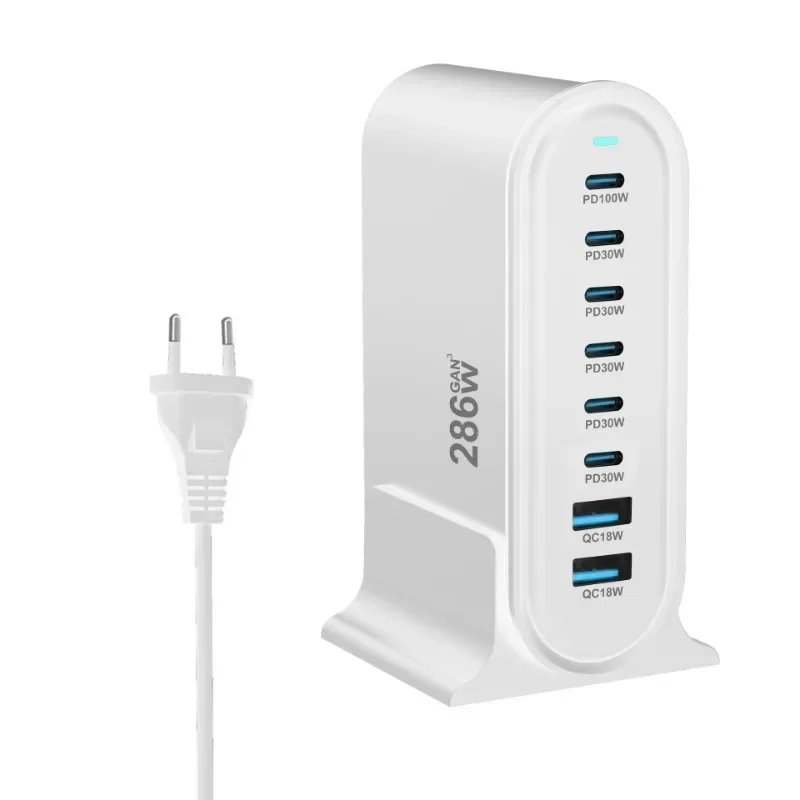 Pengisi daya Cepat Desktop GaN 286W, pengisi daya USB Tipe C PD 8 port 3.0 USB Tipe C 100W PPS