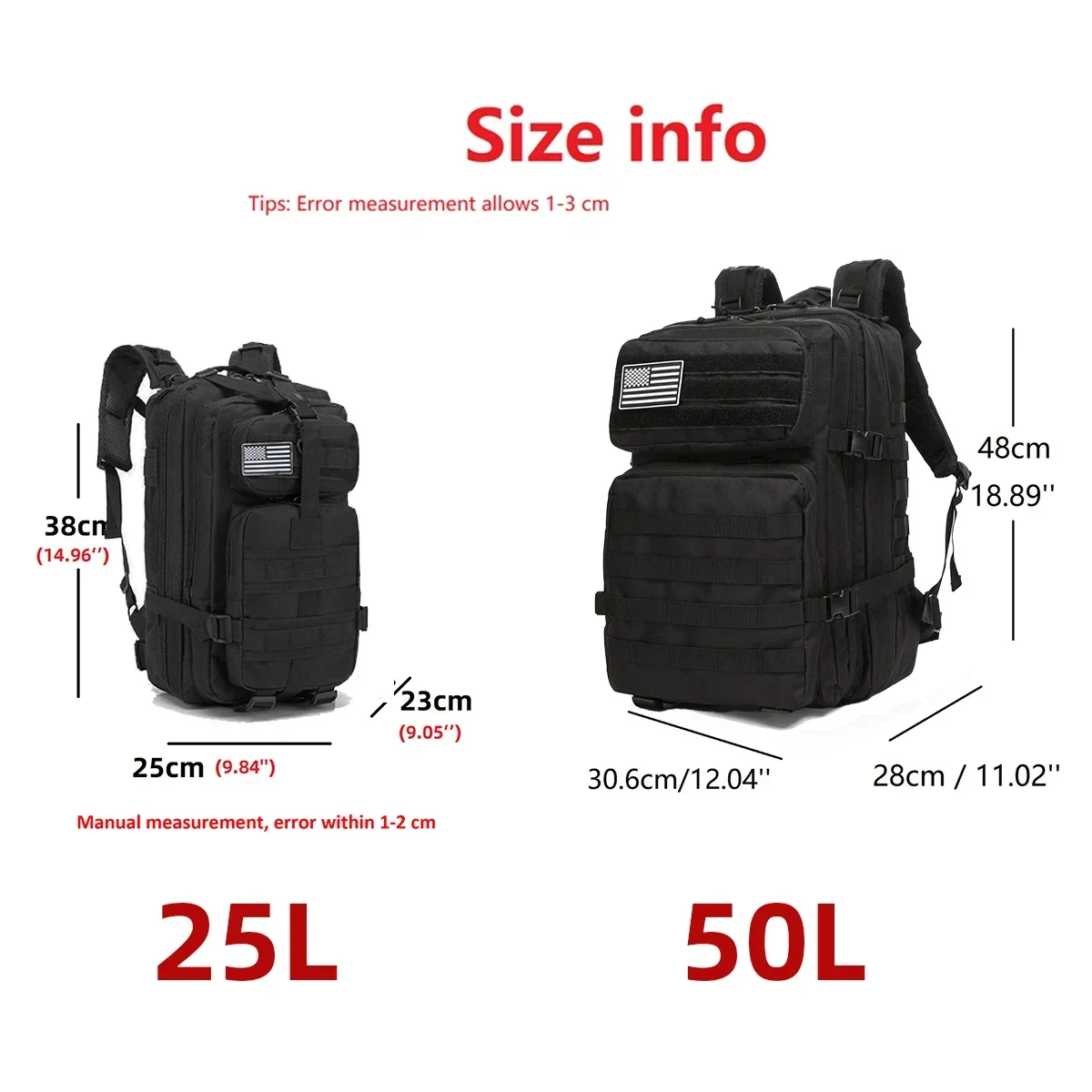 Mochila tática molle 25l/50l, bolsa ao ar livre para caminhadas, acampamento, trekking, caça, pesca, academia