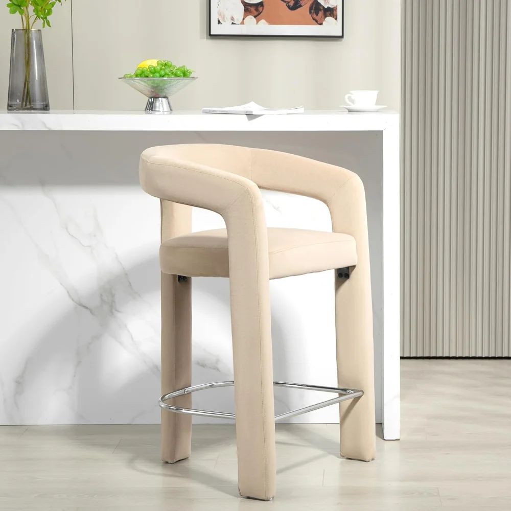 Counter Height Bar Stools Set of 1 - Velvet Upholstered Bar Chairs with Metal Footrest and Open Back