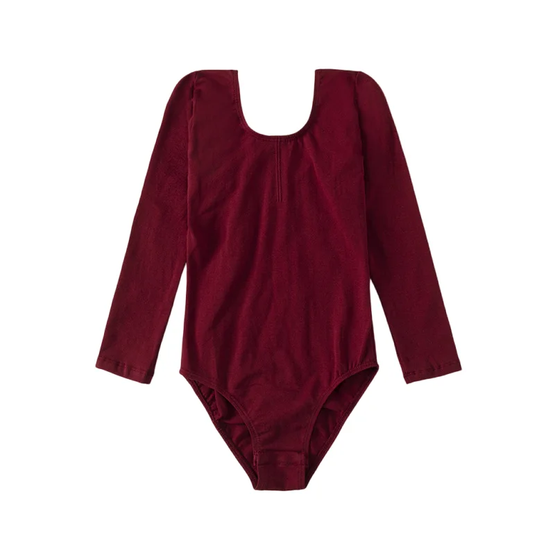 สาวบัลเล่ต์ Leotard สีดําแขนยาวผ้าฝ้ายทีม Basic สําหรับเด็กวัยหัดเดินยิมนาสติกเต้นรํา Scoop คอ Bodysuits Professional