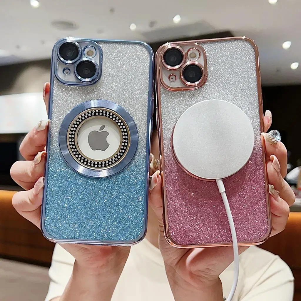 Casing berkilau lubang LOGO berlian mewah untuk iPhone 15 14 Plus 12 11 13 Pro Max Plating bening untuk Magsafe penutup tahan guncangan magnetik
