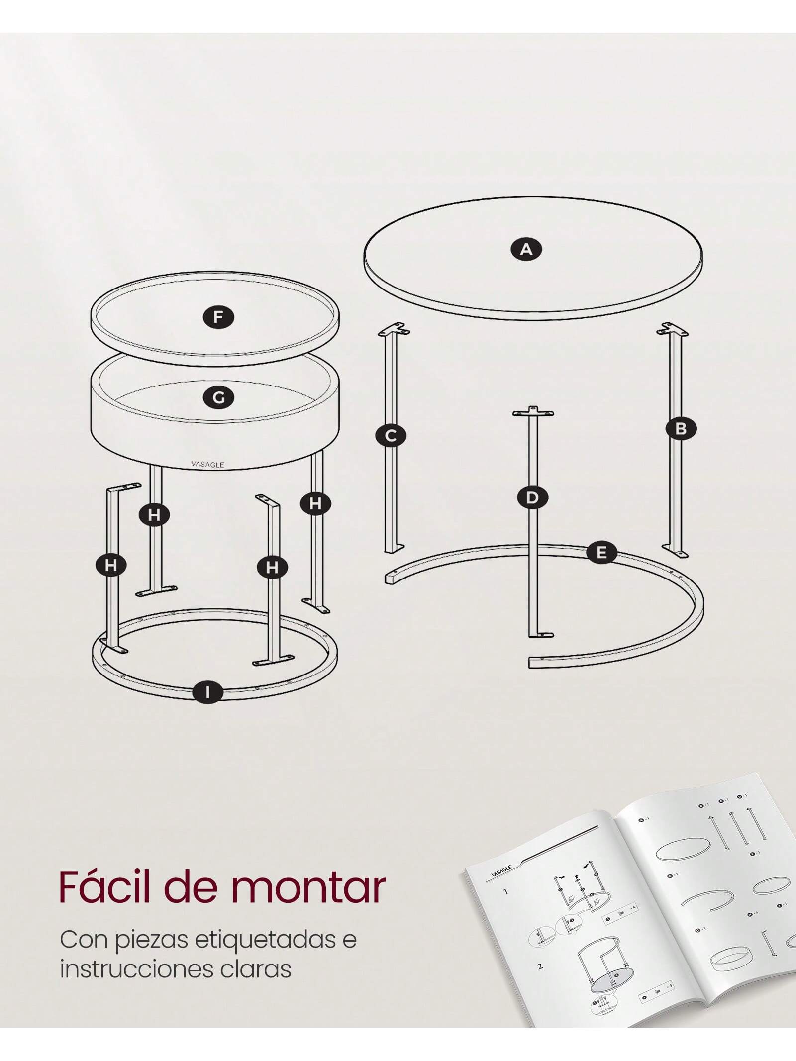 VASAGLE mesas de centro: Juego de 2 mesas redondas de anidación Estilo moderno con almacenamiento oculto y bandeja superior Para sala de estar, dormitorio