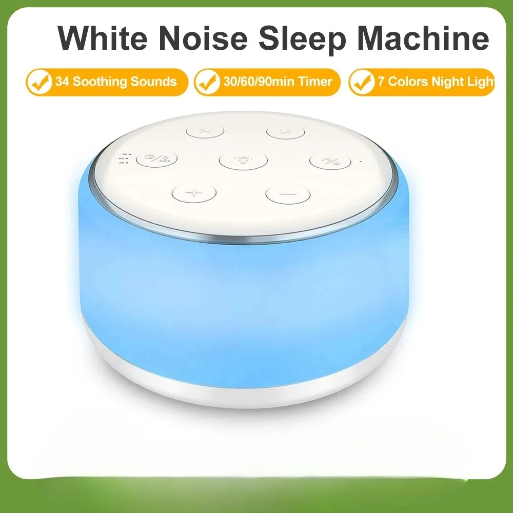 Máquina de ruído branco desktop sono máquina de som para bebê sono chupeta 7 cores luzes da noite 34 sons calmantes e temporizador