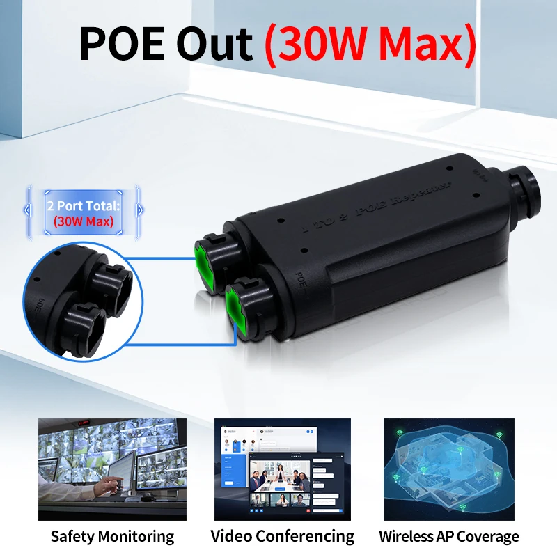 HORACO Repetidor POE à prova d'água de 2 portas IP66 10/100Mbps 1 a 2 Extensor PoE com IEEE802.3af/at 48V externo para câmera comutador POE
