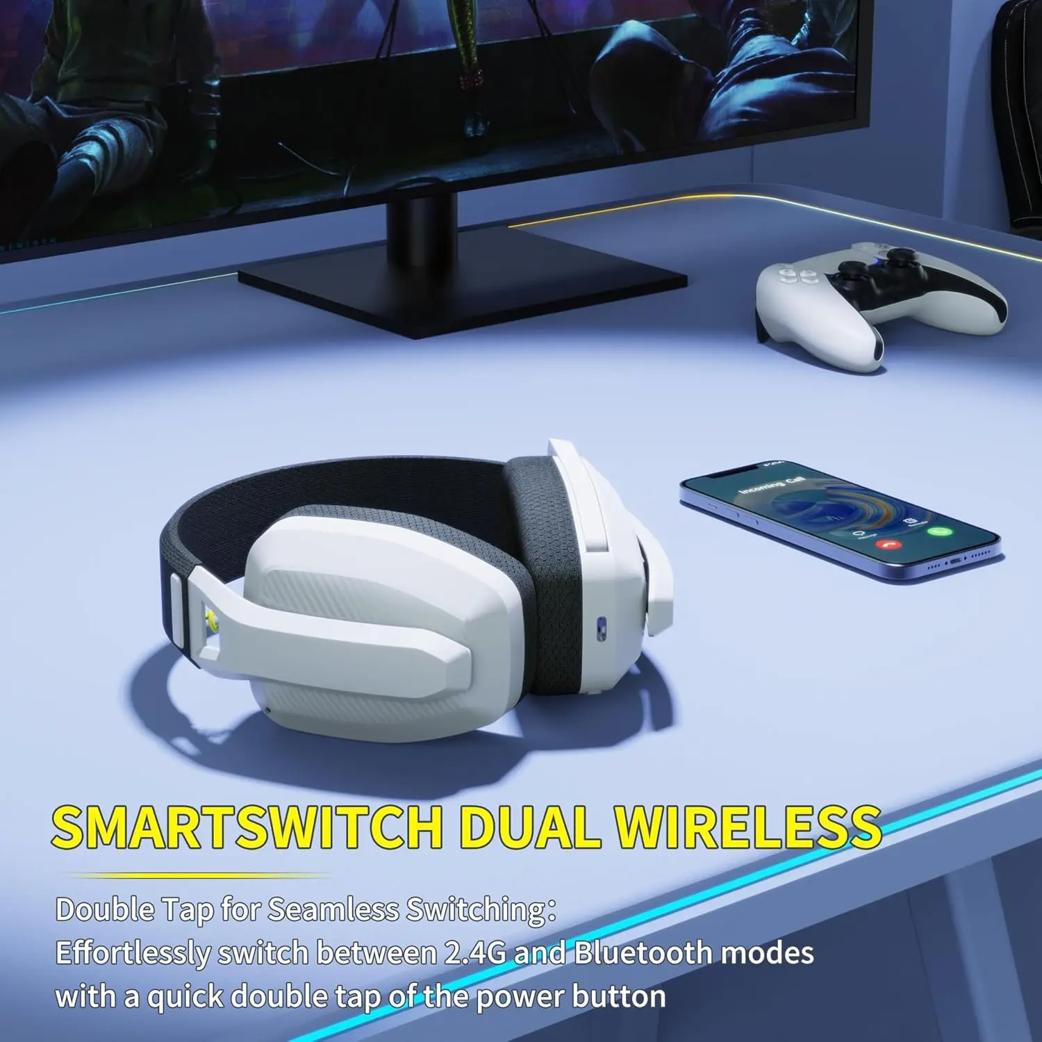 BINNUNE BW06 Cuffie da gioco wireless da 2,4 GHz con microfono per PS5 PS4 PC Mac Playstation Cuffie da gioco Bluetooth con microfono
