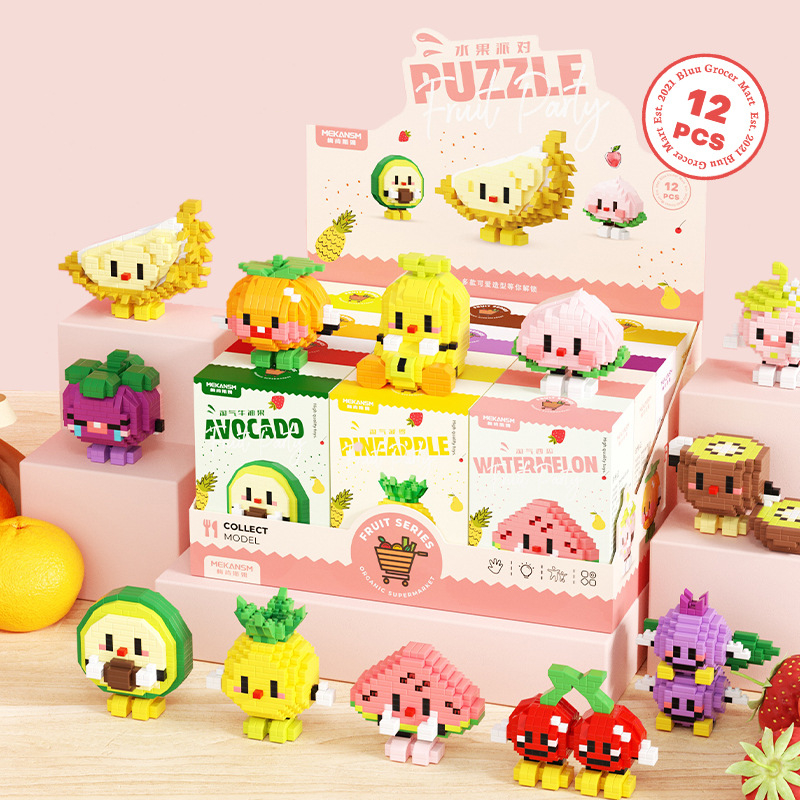子供のためのクリエイティブなビルディングブロック、パズル組み立てスイカドリアン、アボカド、デスクトップ、漫画人形の装飾品、DIYおもちゃギフト